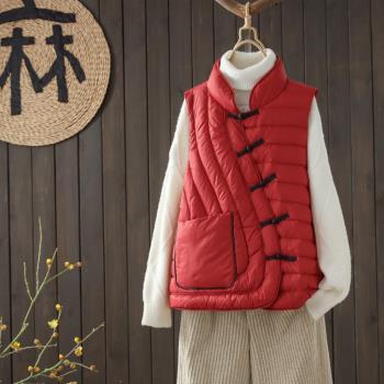 盤扣白鴨絨短款無袖保暖外套文藝