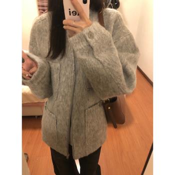 日系復古女冬季拉鏈開衫毛呢外套