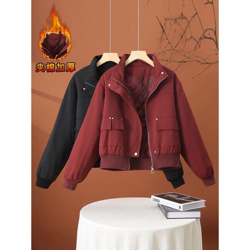 短款夾棉工裝外套女秋冬2025新款紅色棉衣冬季小個子休閑加厚上衣