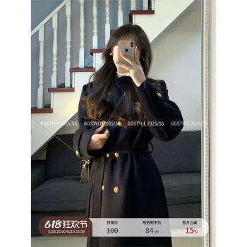 簡約輕奢英倫風雙面毛呢外套女2024冬季新款中長款黑色呢子大衣
