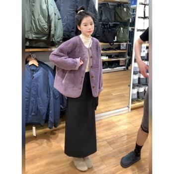 2024新款小香風紫色搖粒絨加絨加厚小個子短款羊羔毛外套女秋冬季