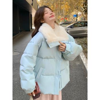 奶呼呼藍色羽絨服女冬季2024新款短款小個子90白鴨絨加厚毛絨外套