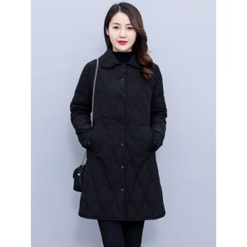 輕薄羽絨服女中長款2024年冬季新款小個子顯瘦菱形格工裝黑色外套