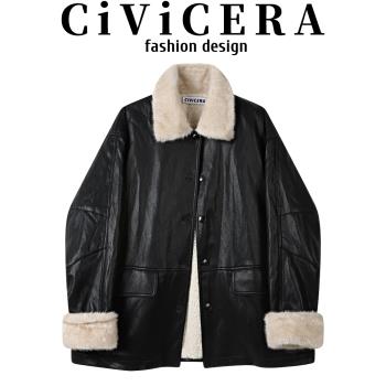 CIVICERA港風復古加絨加厚皮衣外套女秋冬慵懶風皮毛一體機車夾克