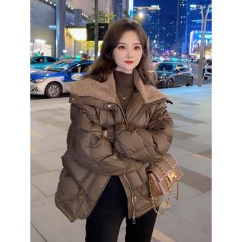 羽絨棉服女士2024新款大翻領設計感羊羔絨棉襖爆款小個子外套冬季