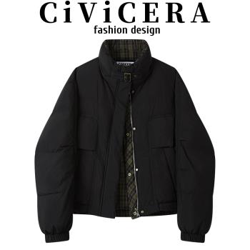 CIVICERA設計感撞色格子兩面穿羽絨服女秋冬復古立領白鴨絨外套