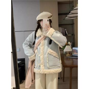 藍色皮毛一體外套女2024新款冬季小清新可愛加厚麂皮絨毛毛外套潮