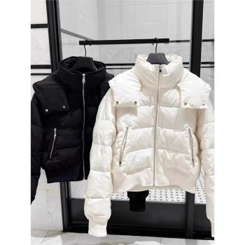 90白鴨絨立領連帽白色羽絨服女2024冬寬松短款加厚麵包服棉衣外套