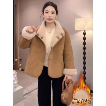 小個子時尚羊羔毛短外套女秋冬新款皮毛一體加絨加厚時髦洋氣大衣