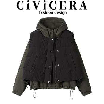 CIVICERA設計感疊穿加絨連帽衛衣無袖羽絨服馬甲短外套兩件套女冬