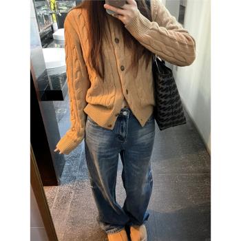 美拉德復古甜辣軟糯圓領針織開衫女韓版時尚休閑別致麻花毛衣外套