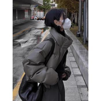 90白鴨絨短款羽絨服女冬季寬松顯瘦小個子加厚立領pu皮麵包服外套