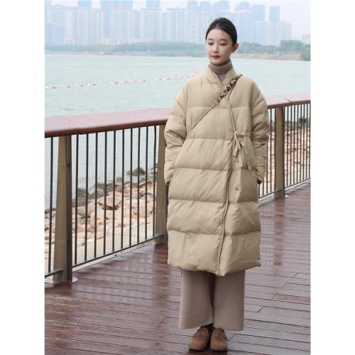 長款高端V領系帶白鴨絨羽絨服女冬季過膝氣質加厚寬松外套小個子