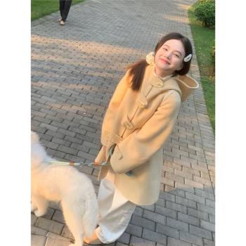 日系學院風中長款連帽呢子大衣女冬季牛角扣寬松雙面呢毛呢外套潮