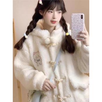 牛角扣小熊刺繡羊羔絨棉服外套女冬季新款軟萌小個子加厚連帽上衣