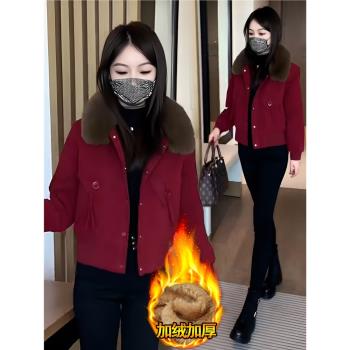 時尚加絨加厚短外套女士2024冬季新款洋氣顯瘦小個子毛領派克棉服
