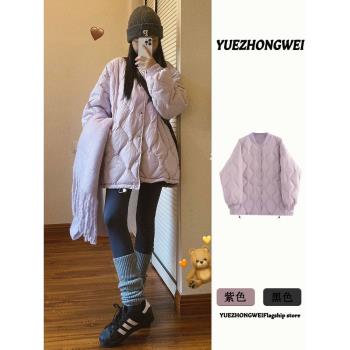 紫色菱格羽絨棉服女冬季2024新款高階感超好看加厚棉衣麵包服外套