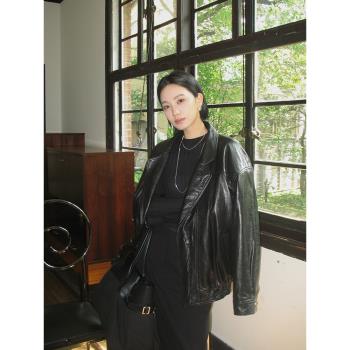 左邊女裝機車服皮衣外套2024春季新款中古私服款 綿羊皮真皮夾克