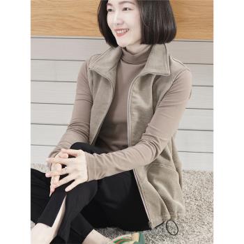 2025春季新款簡約純色翻領加絨燈芯絨馬甲外套保暖上衣女大碼外穿