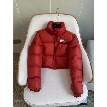 紅色短款羽絨棉服女秋冬季歐貨過年新年戰袍時尚洋氣立領夾克外套
