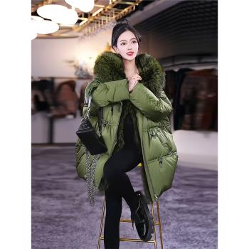 狐貍毛皮草羽絨服歐洲站高階洋氣時尚90白鴨絨軍綠色連帽外套女款