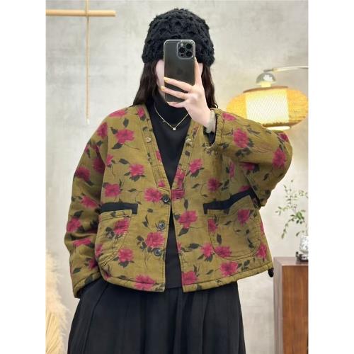 印花中國風寬松短款蝙蝠長袖棉服