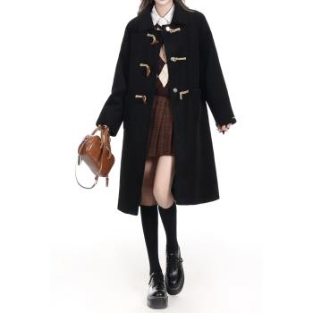 牛角扣黑色呢子大衣女2024冬季韓版高階感小個子學院風中長款外套