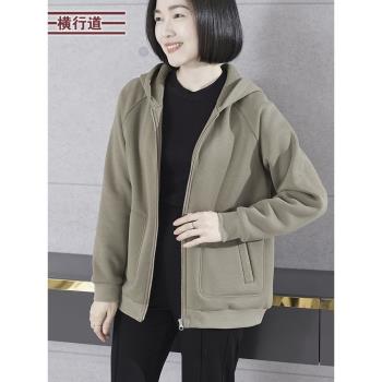 2025春季新款純色連帽拉鏈插肩加絨衛衣外套保暖女裝外穿上衣大碼