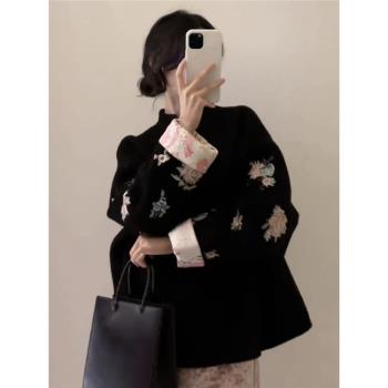 新中式國風醋酸花朵刺繡黑色外套2025年春秋精緻盤扣雙面呢子上衣