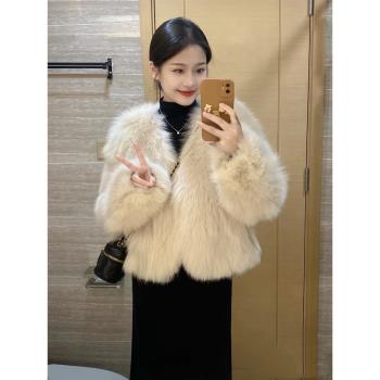 皮毛一體仿狐貍毛皮草短款外套女氣質名媛小個子毛毛上衣厚秋冬季