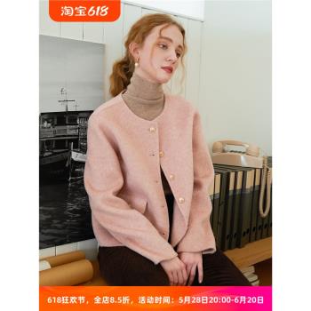 法式粉色駱駝絨小香風短款羊毛雙面呢大衣女秋冬款小個子寬松外套