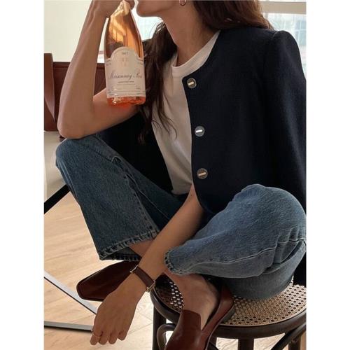 藏青色短款毛呢外套女2025秋冬新款ins小香風寬松圓領休閑上衣潮