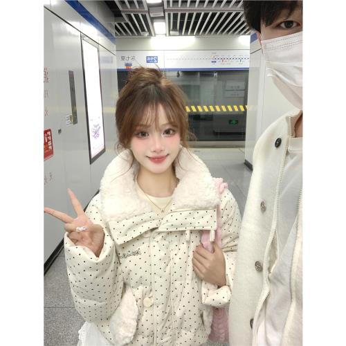 韓系加厚毛領短款波點羽絨棉服女2024冬季新款小個子寬松棉衣外套