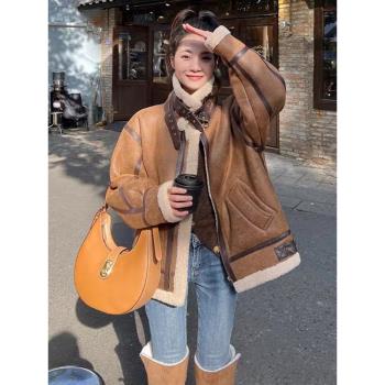 美拉德羊羔絨外套女皮毛一體機車服2024冬新款寬松加絨加厚鹿麂皮