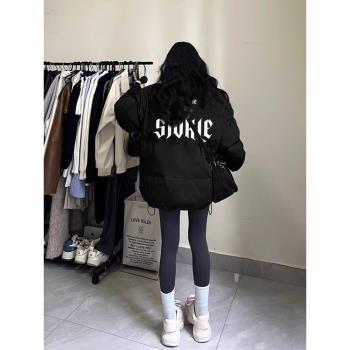 黑色棉服棉衣女秋冬保暖美式復古高級感寬松休閑立領棉襖外套上衣
