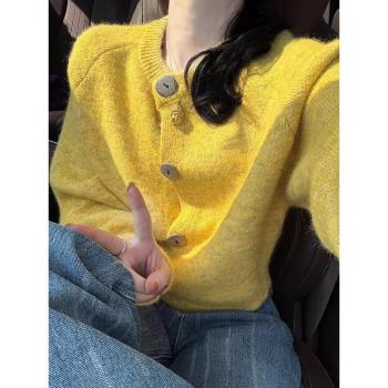 韓系高階感黃色毛衣外套開衫女秋冬款穿搭冬季加厚外穿洋氣超好看