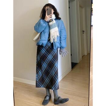 藍色立領羽絨服女冬季新款時尚減齡小個子短款白鴨絨麵包服外套潮