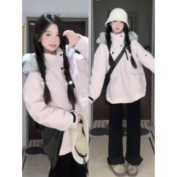 粉色毛帽羽絨棉服女2024冬裝韓系穿搭寬松夾棉工裝派克服棉襖外套