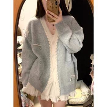 法式寬松溫柔風v領藍色毛衣開衫外套女秋冬蝴蝶結蕾絲邊針織上衣