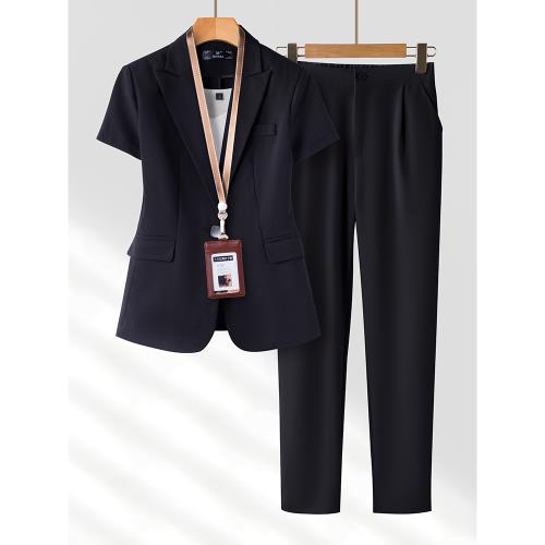 薄款黑色西裝套裝女夏季職業正裝氣質酒店前臺工作服短袖西服外套