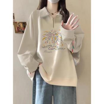 美式oversize半拉鏈衛衣女款秋冬寬松大碼學生加絨加厚polo領外套