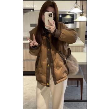 大碼拼接皮翻領排扣白鴨羽絨服女冬胖mm顯瘦遮肉氣質加厚外套上衣