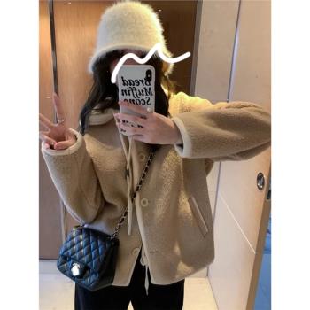 羊羔毛連帽短外套女2024新款女秋冬季獨特超好看短款奶fufu羊羔絨