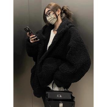 2024新款爆款黑色連帽搖粒絨韓系中長款加厚羊羔毛絨外套女秋冬季