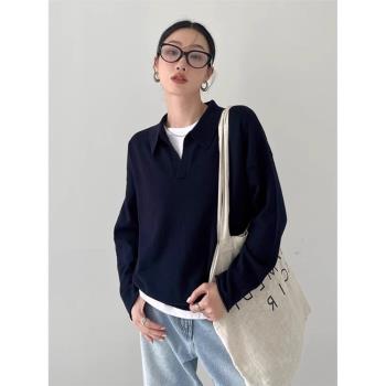 高階感藏青色polo領套頭毛衣女秋冬老錢風寬松v領慵懶針織衫上衣