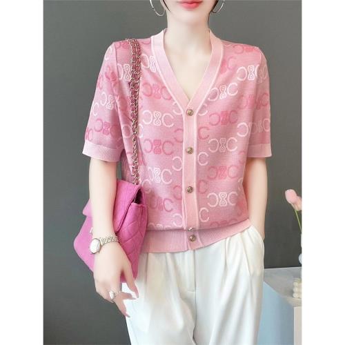 2025早秋新款V領粉色字母提花漂亮別致短袖針織開衫外套上衣女