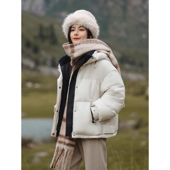 中國羽物秋冬新款時尚短款連帽羽絨服女寬松保暖加厚外套95白鵝絨