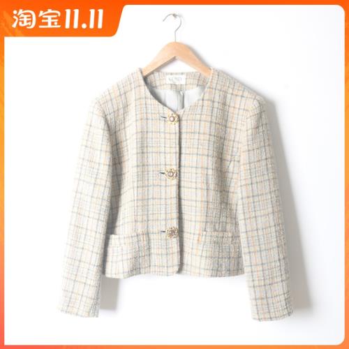 古著vintage日本制中古精品粗花毛呢法式圓領小香風女西裝外套x1
