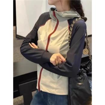 大碼復古連帽撞色沖鋒衣外套女秋冬新款微胖mm氣質修身夾克上衣