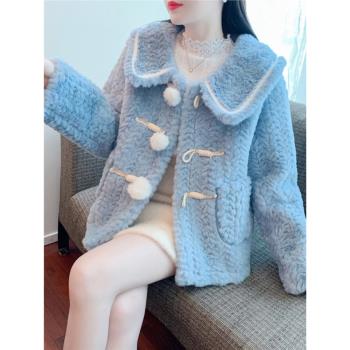 秋冬娃娃領羊羔毛外套女小個子加厚保暖皮毛一體寬松時尚短款大衣